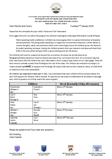 Term 3 Show and Tell Letter