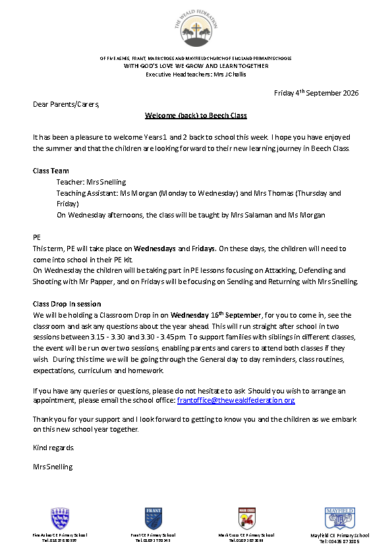 Frant Beech Class Welcome Letter