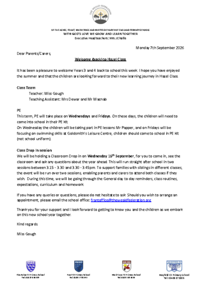 Frant Hazel Class Welcome Letter