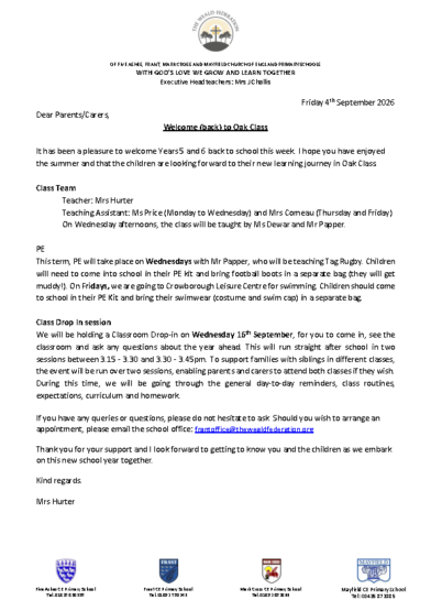 Frant Oak Class Welcome Letter